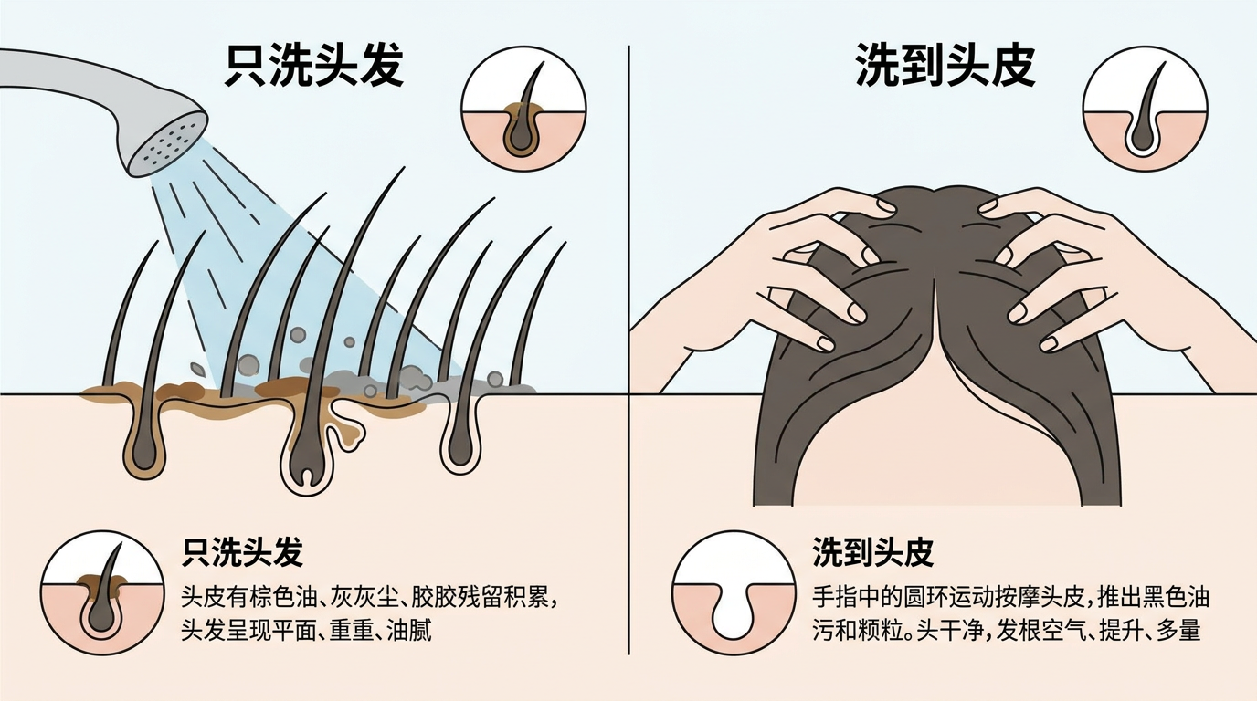 只洗头发与洗到头皮的对比：发根油垢导致塌陷，指腹打圈按摩才能清爽蓬松
