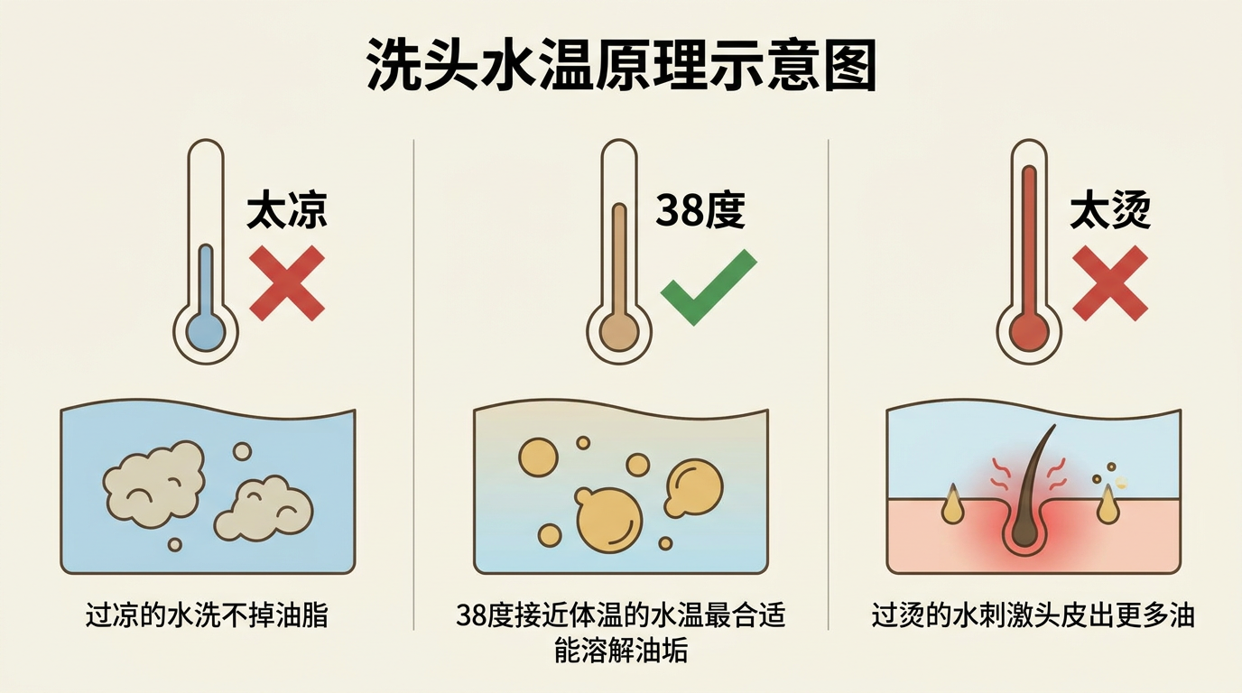 洗头水温原理：太凉洗不掉油、太烫刺激出油，约38度接近体温最合适