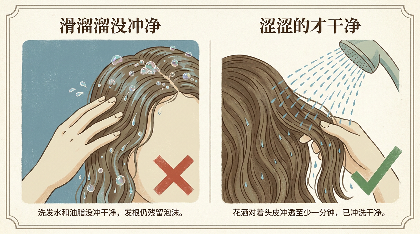 冲洗是否干净的判断：滑溜溜是没冲净，涩涩的才算冲透