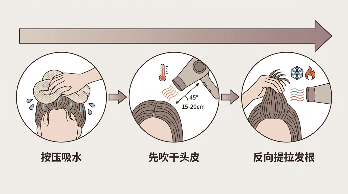 正确吹发三步：按压吸水、先吹干头皮、反向提拉发根