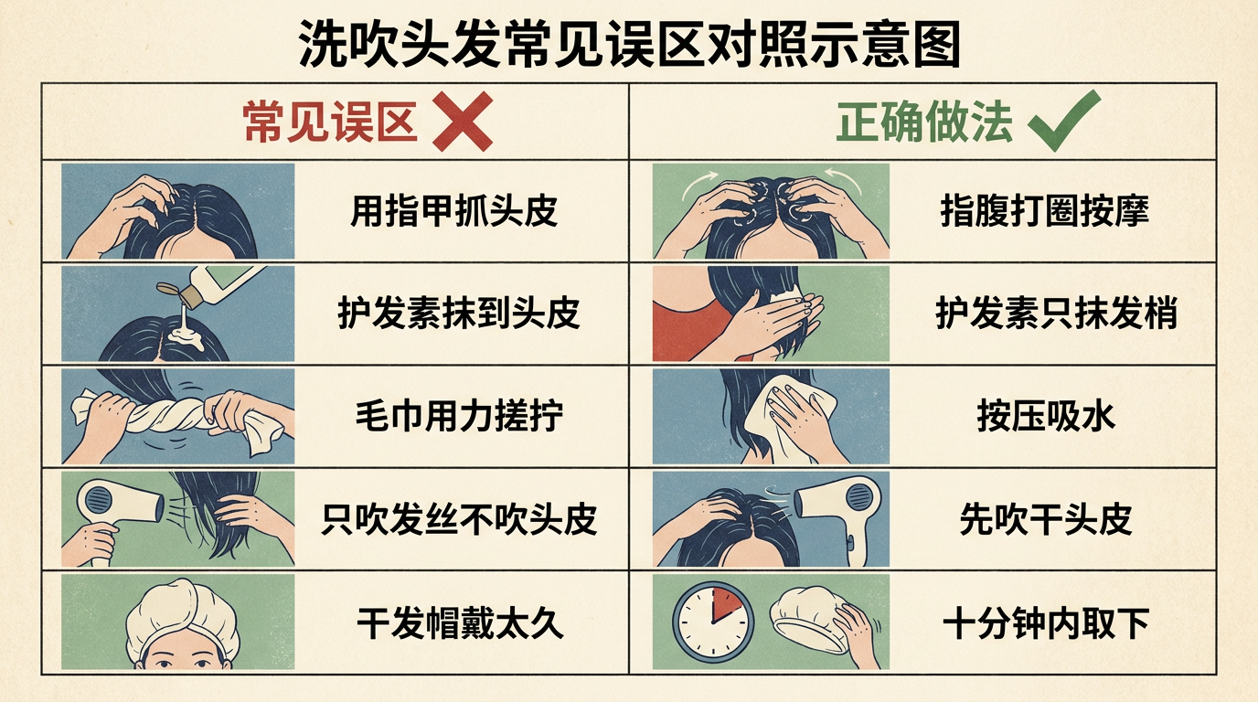 洗吹头发五个常见误区与正确做法对照