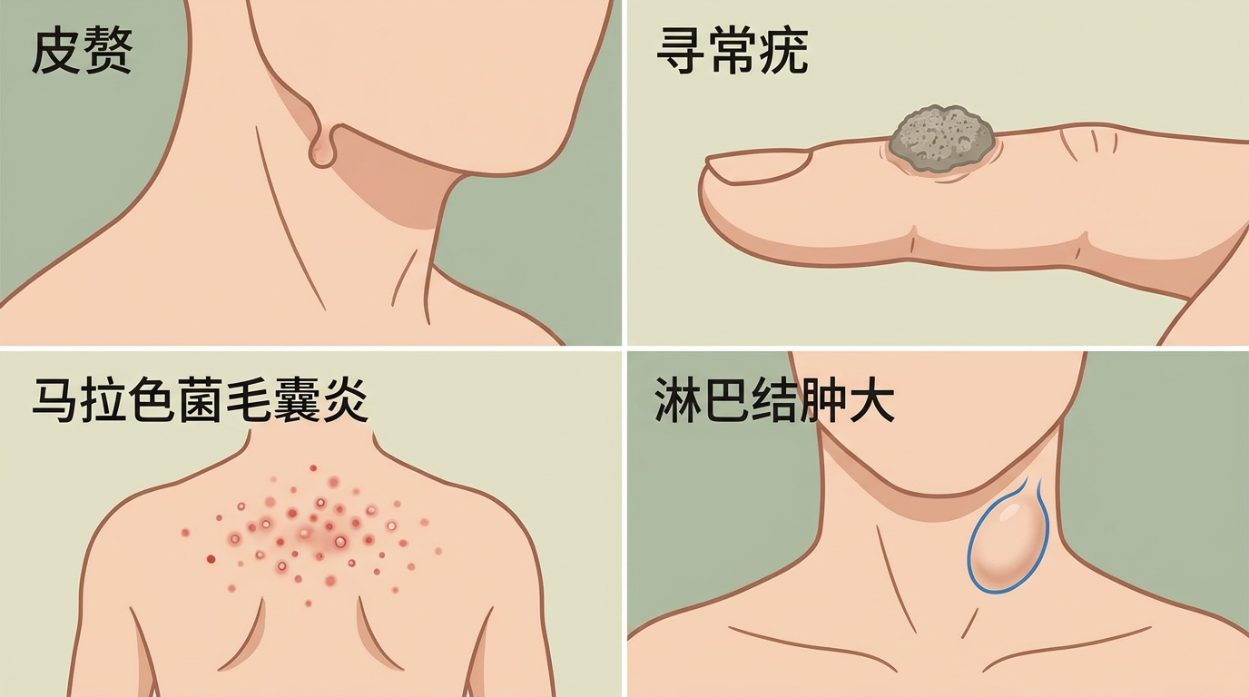 四类身上小疙瘩对比示意图：皮赘、寻常疣、马拉色菌毛囊炎、淋巴结肿大的外观与成因区别