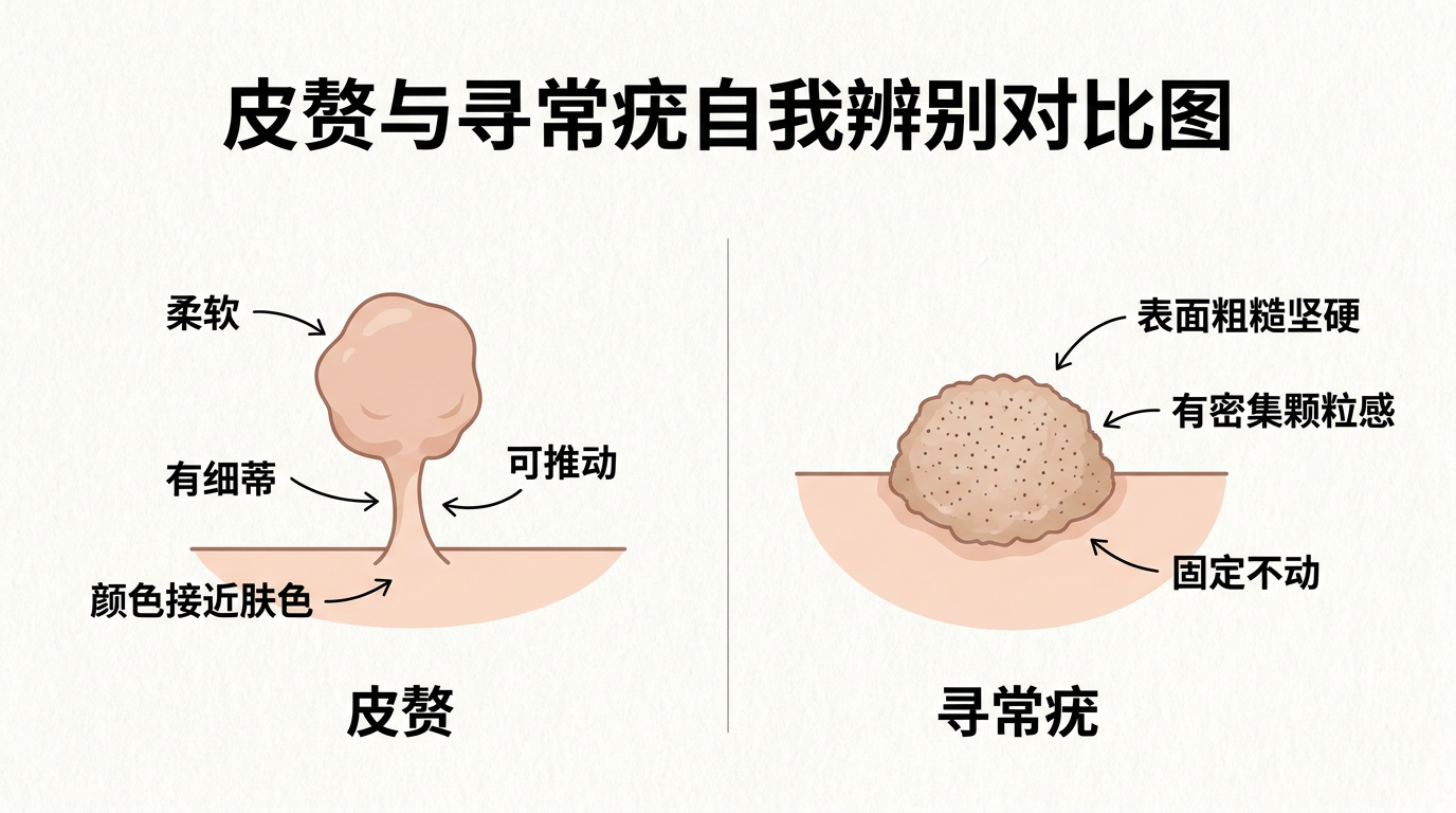 皮赘与寻常疣自我辨别对比图：皮赘柔软有蒂可推动，寻常疣粗糙坚硬固定