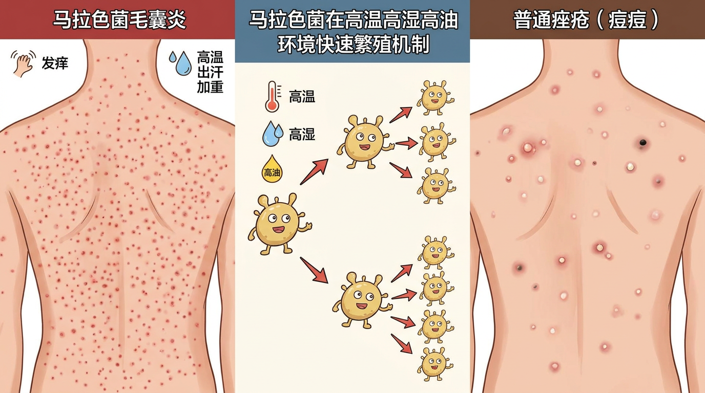 后背马拉色菌毛囊炎与普通痘痘对比图：真菌毛囊炎密集均匀发痒，普通痘痘大小不一有黑白头