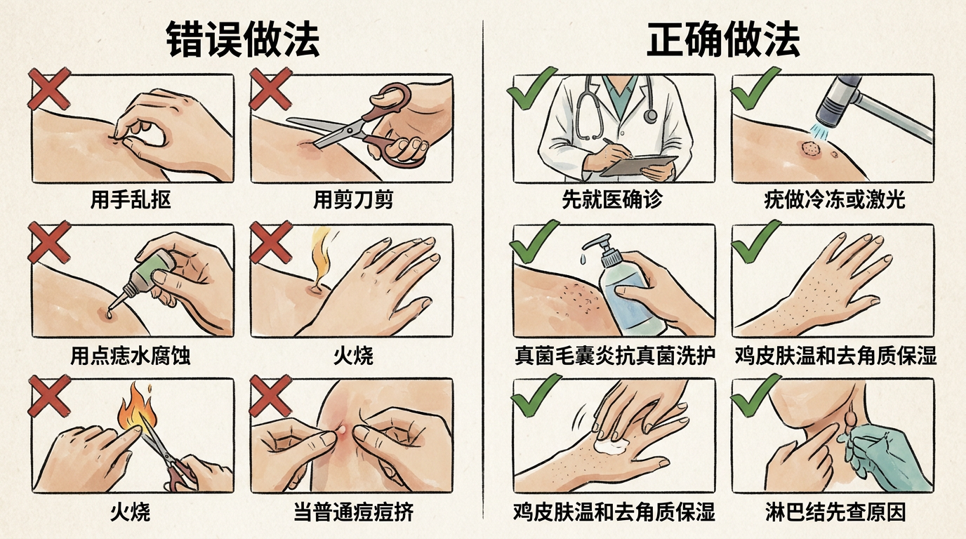 身上小疙瘩错误做法与正确做法对比流程图：错误是乱抠火烧点痣水，正确是就医确诊对症处理