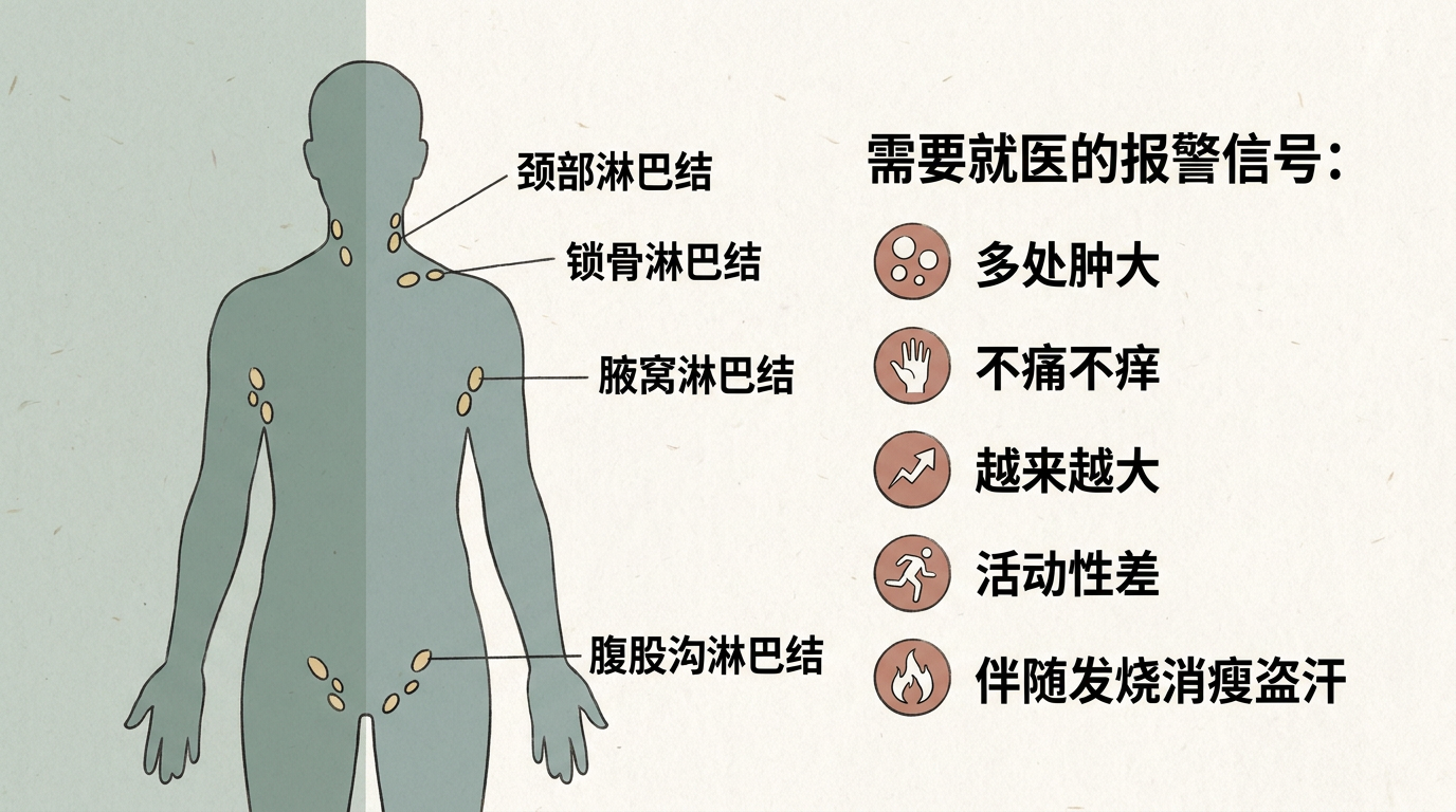 人体淋巴结分布与危险信号提示图：标注颈部锁骨腋窝腹股沟位置及需要就医的报警信号